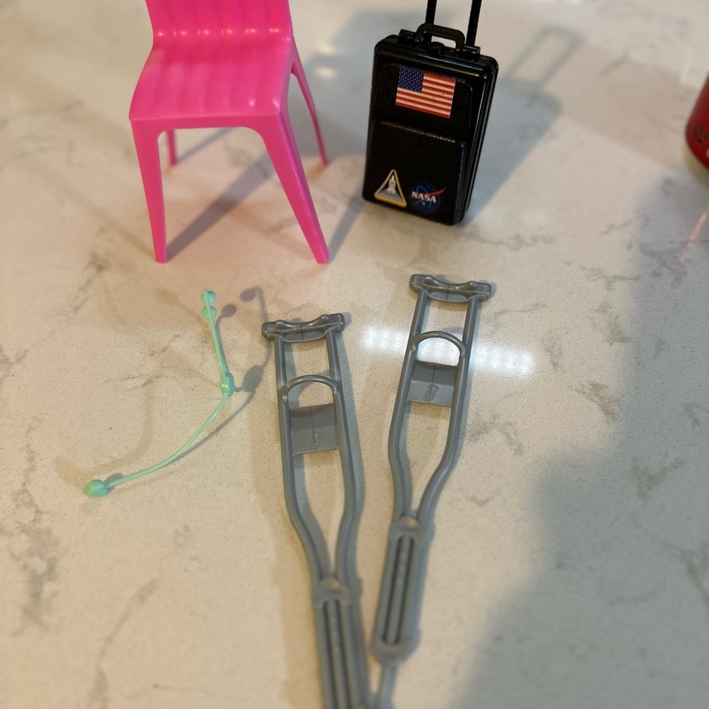 Barbie Mattel Doll Accessories Gray Crutches,‎ Chair, NASA Suitcase, Stethoscope
